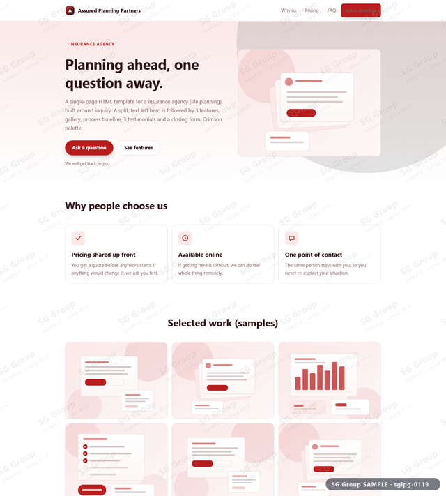Thumbnail of Insurance Agency — Inquiry | split, text left, Crimson, an HTML landing-page template for insurance agency aimed at inquiry.
