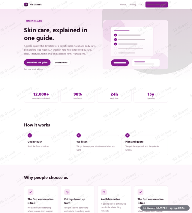 Thumbnail of Esthetic Salon — Lead Magnet | checklist hero, Plum, an HTML landing-page template for esthetic salon aimed at lead magnet.