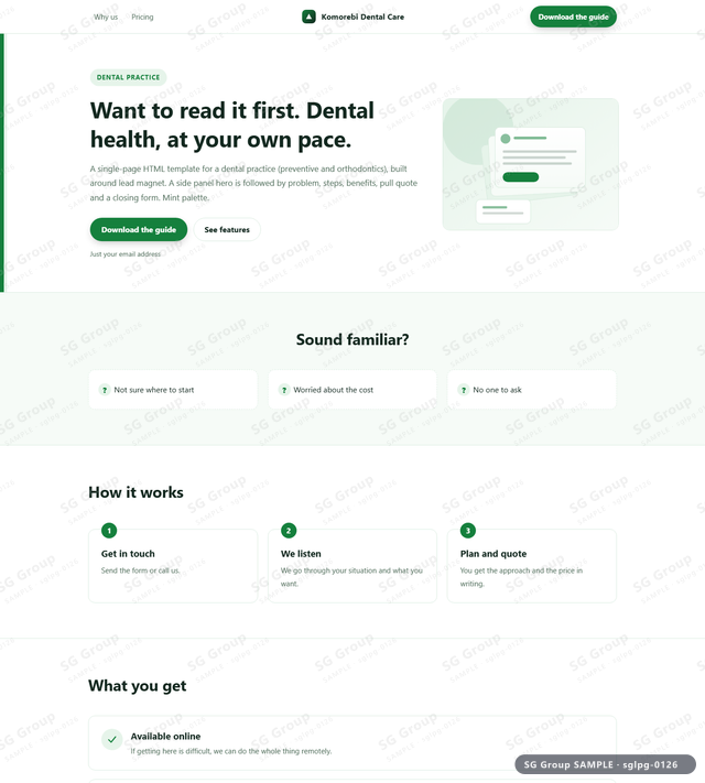 Thumbnail of Dental Practice — Lead Magnet | side panel, Mint, an HTML landing-page template for dental practice aimed at lead magnet.