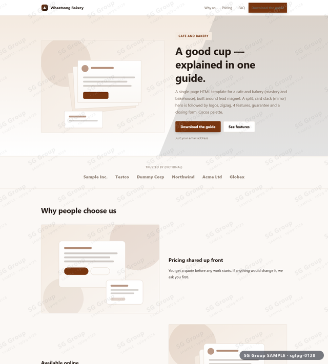 Thumbnail of Cafe and Bakery — Lead Magnet | split, card stack (mirror), Cocoa, an HTML landing-page template for cafe and bakery aimed at lead magnet.