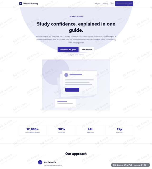 Thumbnail of Tutoring School — Lead Magnet | centered with media, Indigo, an HTML landing-page template for tutoring school aimed at lead magnet.