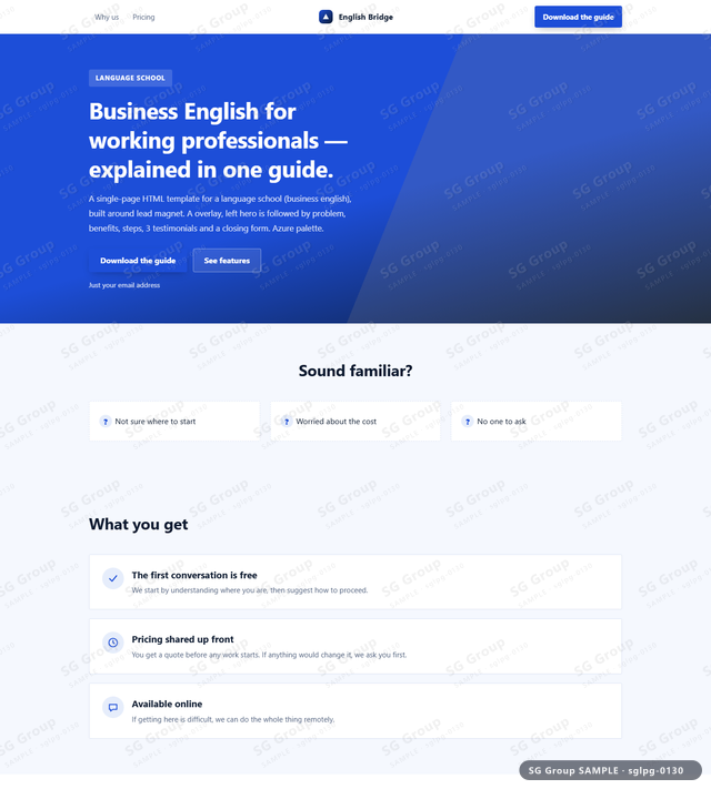 Thumbnail of Language School — Lead Magnet | overlay, left, Azure, an HTML landing-page template for language school aimed at lead magnet.