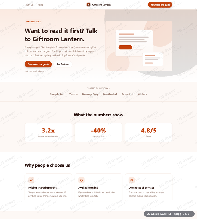 Thumbnail of Online Store — Lead Magnet | split, portrait, Coral, an HTML landing-page template for online store aimed at lead magnet.