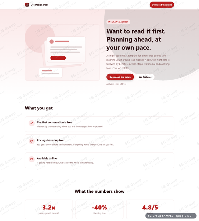 Thumbnail of Insurance Agency — Lead Magnet | split, text right, Crimson, an HTML landing-page template for insurance agency aimed at lead magnet.