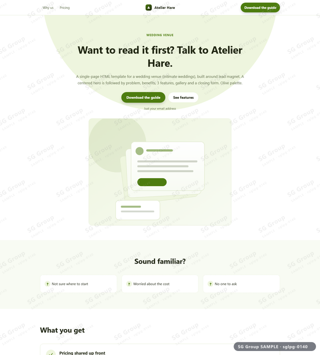 Thumbnail of Wedding Venue — Lead Magnet | centered, Olive, an HTML landing-page template for wedding venue aimed at lead magnet.