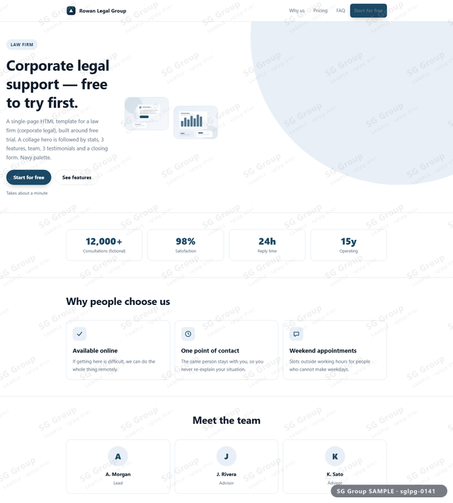 Thumbnail of Law Firm — Free Trial | collage, Navy, an HTML landing-page template for law firm aimed at free trial.