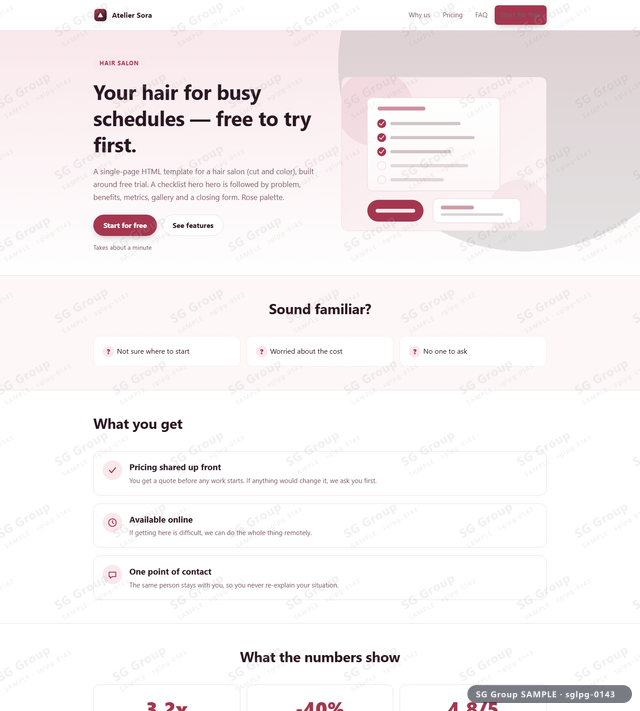 Thumbnail of Hair Salon — Free Trial | checklist hero, Rose, an HTML landing-page template for hair salon aimed at free trial.