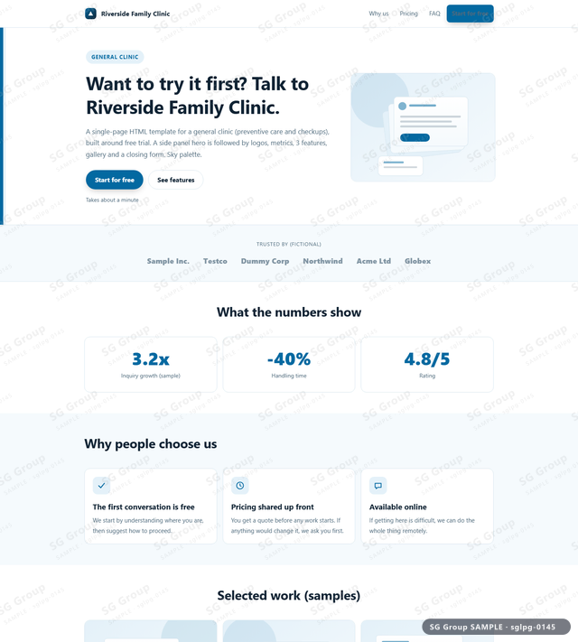 Thumbnail of General Clinic — Free Trial | side panel, Sky, an HTML landing-page template for general clinic aimed at free trial.