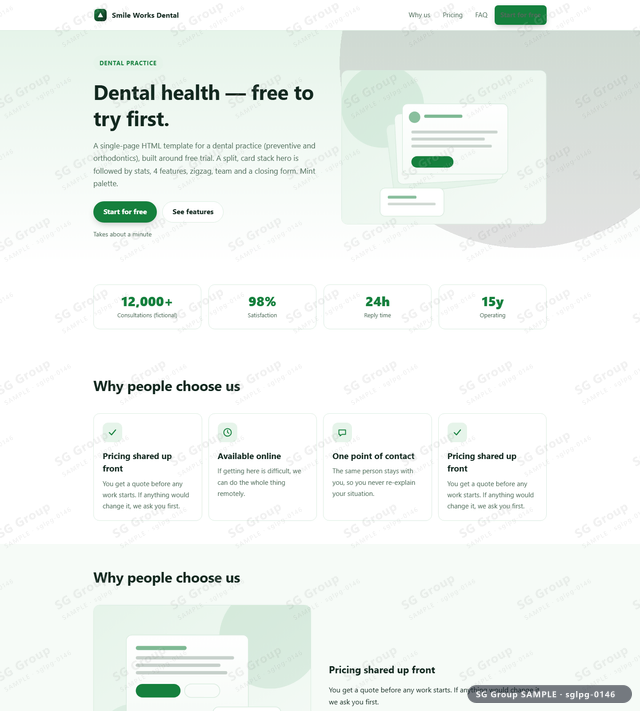 Thumbnail of Dental Practice — Free Trial | split, card stack, Mint, an HTML landing-page template for dental practice aimed at free trial.