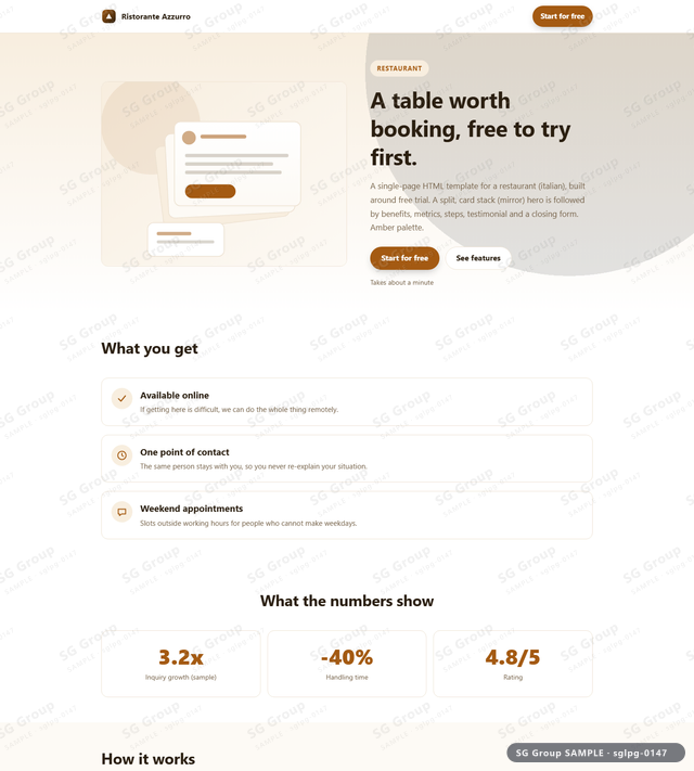 Thumbnail of Restaurant — Free Trial | split, card stack (mirror), Amber, an HTML landing-page template for restaurant aimed at free trial.