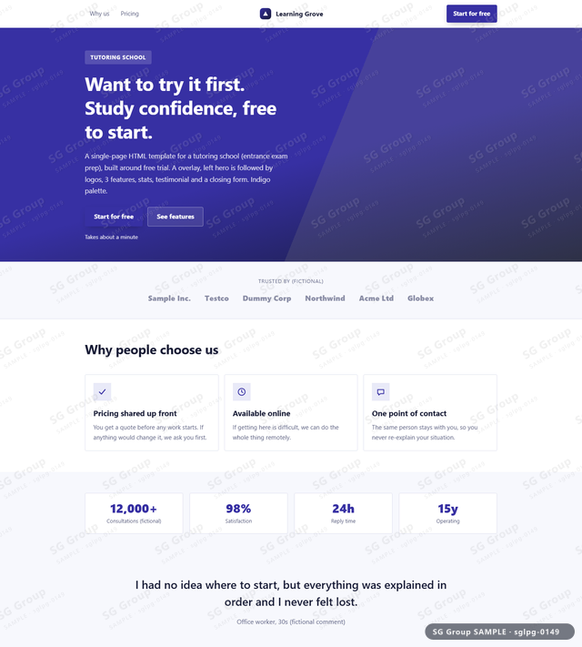Thumbnail of Tutoring School — Free Trial | overlay, left, Indigo, an HTML landing-page template for tutoring school aimed at free trial.