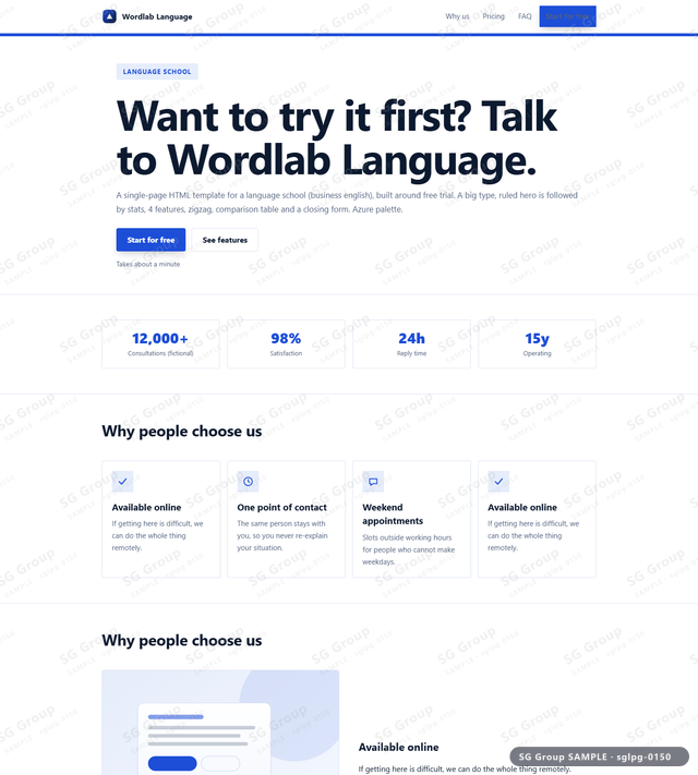 Thumbnail of Language School — Free Trial | big type, ruled, Azure, an HTML landing-page template for language school aimed at free trial.