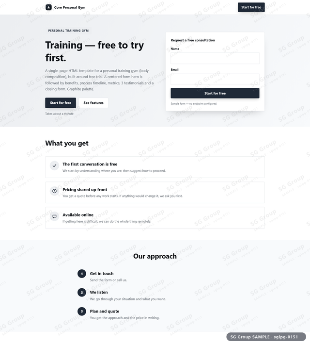 Thumbnail of Personal Training Gym — Free Trial | centered form, Graphite, an HTML landing-page template for personal training gym aimed at free trial.