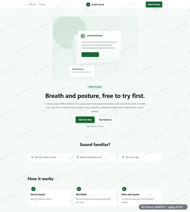 Thumbnail of Yoga Studio — Free Trial | media top, split, Forest, an HTML landing-page template for yoga studio aimed at free trial.