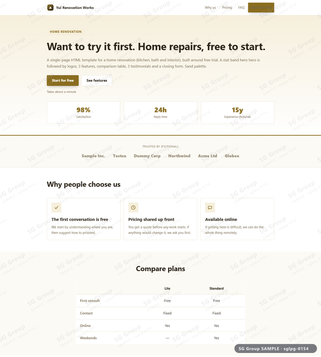 Thumbnail of Home Renovation — Free Trial | stat band hero, Sand, an HTML landing-page template for home renovation aimed at free trial.