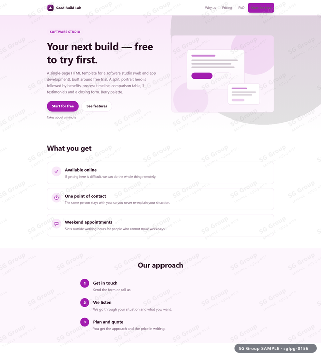 Thumbnail of Software Studio — Free Trial | split, portrait, Berry, an HTML landing-page template for software studio aimed at free trial.