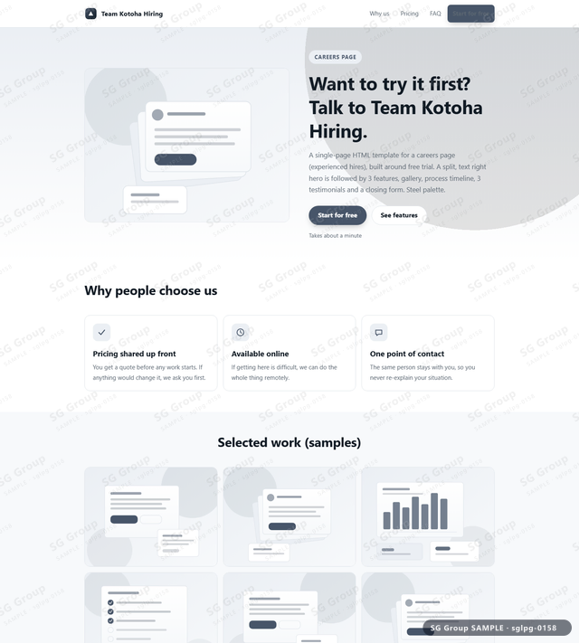 Thumbnail of Careers Page — Free Trial | split, text right, Steel, an HTML landing-page template for careers page aimed at free trial.