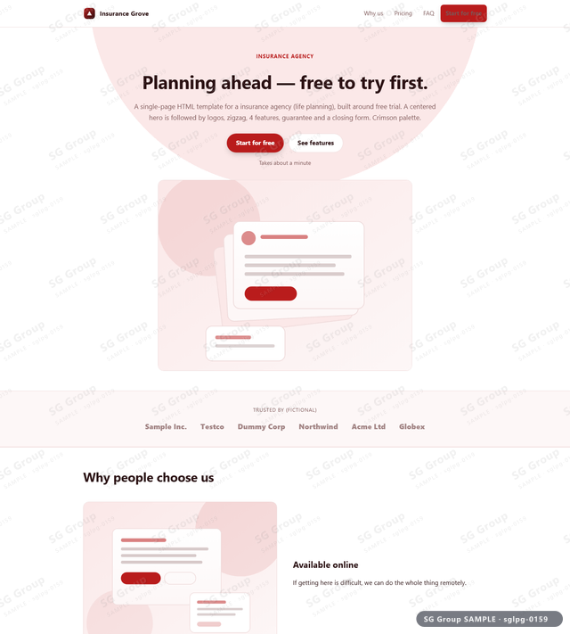 Thumbnail of Insurance Agency — Free Trial | centered, Crimson, an HTML landing-page template for insurance agency aimed at free trial.