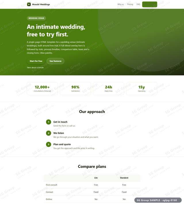 Thumbnail of Wedding Venue — Free Trial | full-bleed overlay, Olive, an HTML landing-page template for wedding venue aimed at free trial.