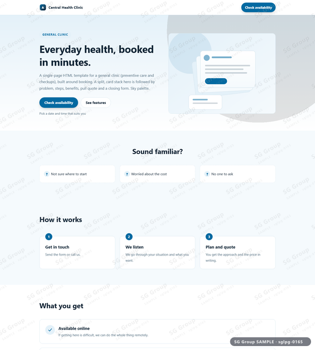 Thumbnail of General Clinic — Booking | split, card stack, Sky, an HTML landing-page template for general clinic aimed at booking.