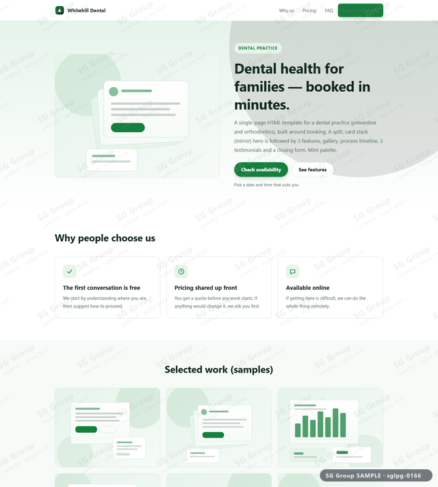 Thumbnail of Dental Practice — Booking | split, card stack (mirror), Mint, an HTML landing-page template for dental practice aimed at booking.