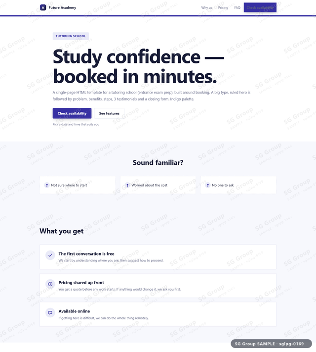 Thumbnail of Tutoring School — Booking | big type, ruled, Indigo, an HTML landing-page template for tutoring school aimed at booking.