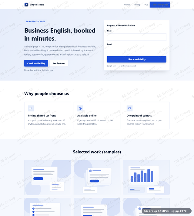 Thumbnail of Language School — Booking | centered form, Azure, an HTML landing-page template for language school aimed at booking.