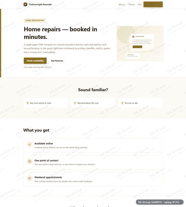 Thumbnail of Home Renovation — Booking | side panel, right, Sand, an HTML landing-page template for home renovation aimed at booking.