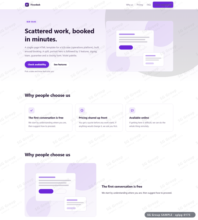 Thumbnail of B2B SaaS — Booking | split, portrait, Violet, an HTML landing-page template for b2b saas aimed at booking.