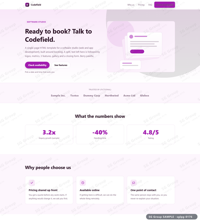 Thumbnail of Software Studio — Booking | split, text left, Berry, an HTML landing-page template for software studio aimed at booking.