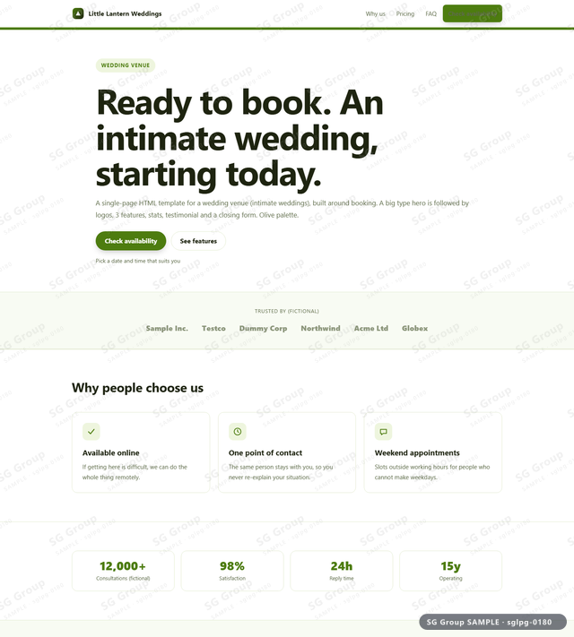 Thumbnail of Wedding Venue — Booking | big type, Olive, an HTML landing-page template for wedding venue aimed at booking.