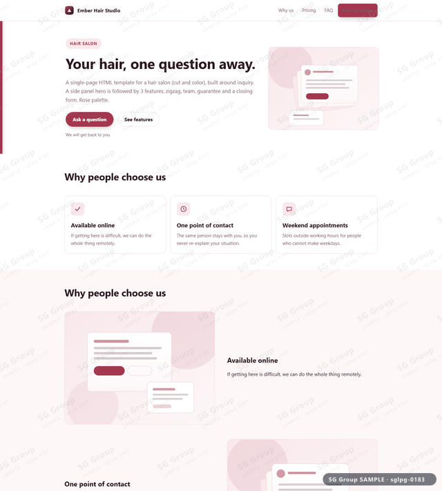 Thumbnail of Hair Salon — Inquiry | side panel, Rose, an HTML landing-page template for hair salon aimed at inquiry.