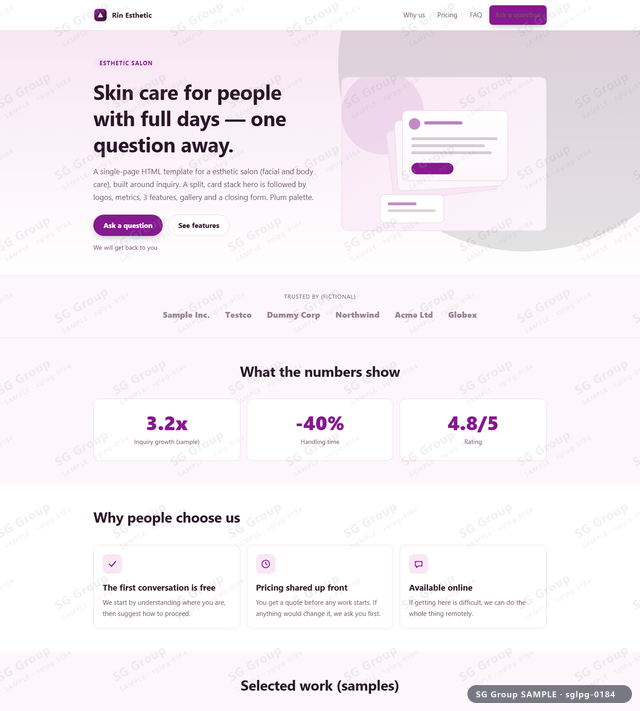 Thumbnail of Esthetic Salon — Inquiry | split, card stack, Plum, an HTML landing-page template for esthetic salon aimed at inquiry.