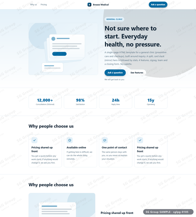 Thumbnail of General Clinic — Inquiry | split, card stack (mirror), Sky, an HTML landing-page template for general clinic aimed at inquiry.