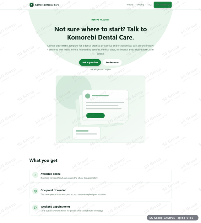 Thumbnail of Dental Practice — Inquiry | centered with media, Mint, an HTML landing-page template for dental practice aimed at inquiry.