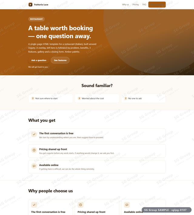 Thumbnail of Restaurant — Inquiry | overlay, left, Amber, an HTML landing-page template for restaurant aimed at inquiry.