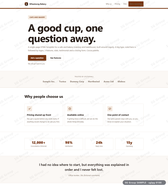 Thumbnail of Cafe and Bakery — Inquiry | big type, ruled, Cocoa, an HTML landing-page template for cafe and bakery aimed at inquiry.
