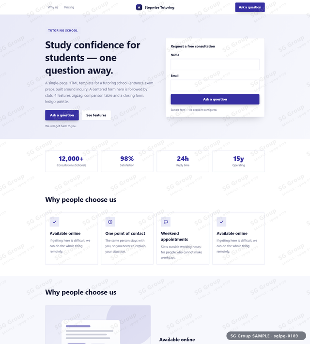 Thumbnail of Tutoring School — Inquiry | centered form, Indigo, an HTML landing-page template for tutoring school aimed at inquiry.