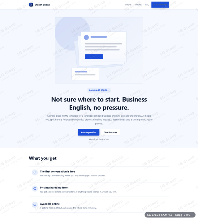 Thumbnail of Language School — Inquiry | media top, split, Azure, an HTML landing-page template for language school aimed at inquiry.