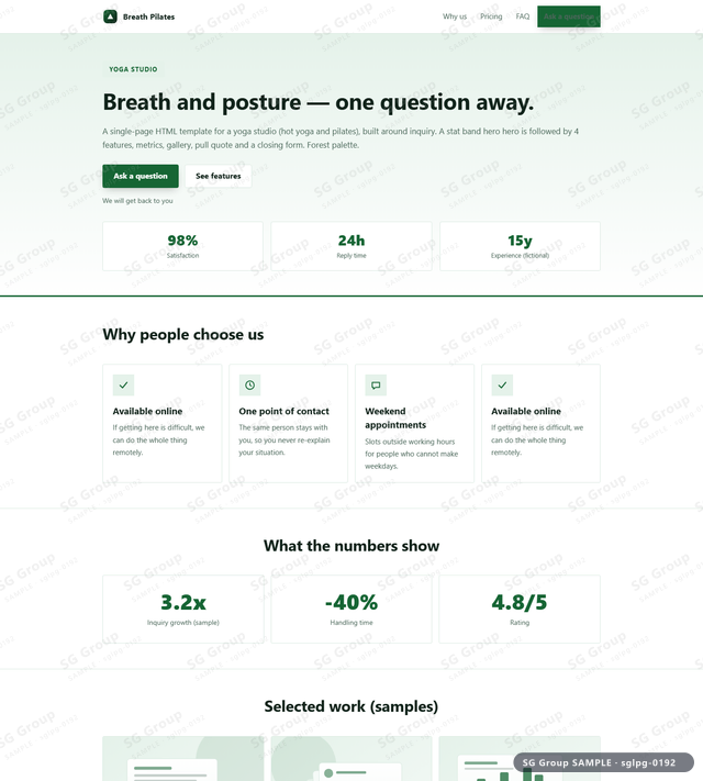 Thumbnail of Yoga Studio — Inquiry | stat band hero, Forest, an HTML landing-page template for yoga studio aimed at inquiry.