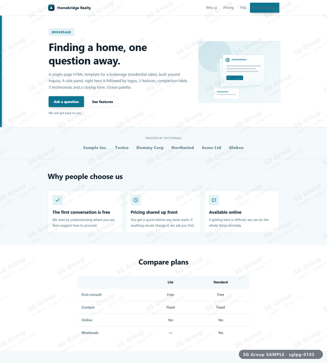 Thumbnail of Brokerage — Inquiry | side panel, right, Ocean, an HTML landing-page template for brokerage aimed at inquiry.