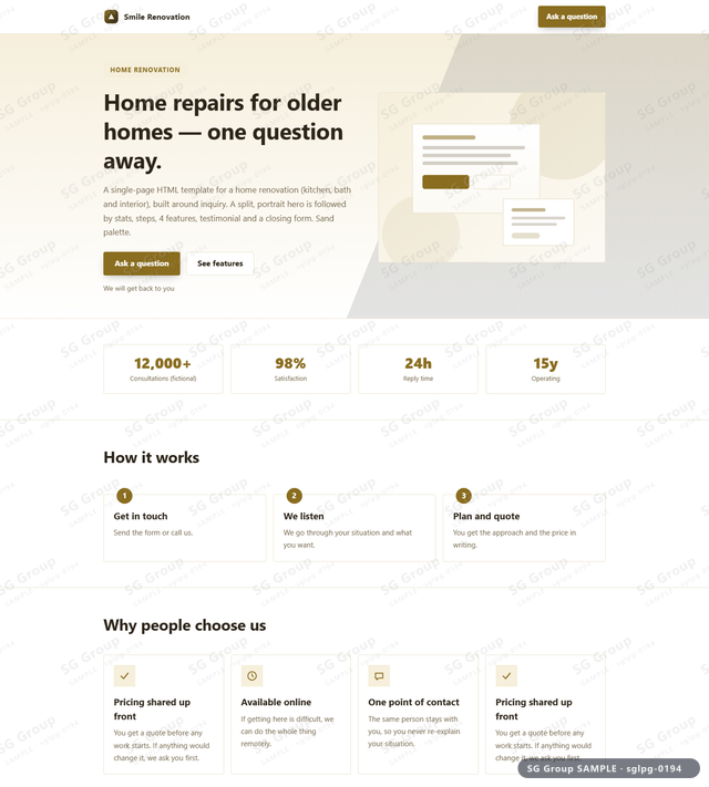 Thumbnail of Home Renovation — Inquiry | split, portrait, Sand, an HTML landing-page template for home renovation aimed at inquiry.
