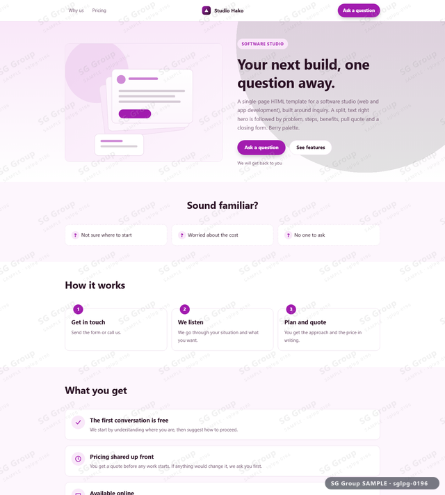 Thumbnail of Software Studio — Inquiry | split, text right, Berry, an HTML landing-page template for software studio aimed at inquiry.