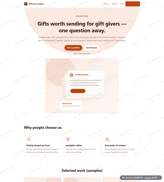 Thumbnail of Online Store — Inquiry | centered, Coral, an HTML landing-page template for online store aimed at inquiry.