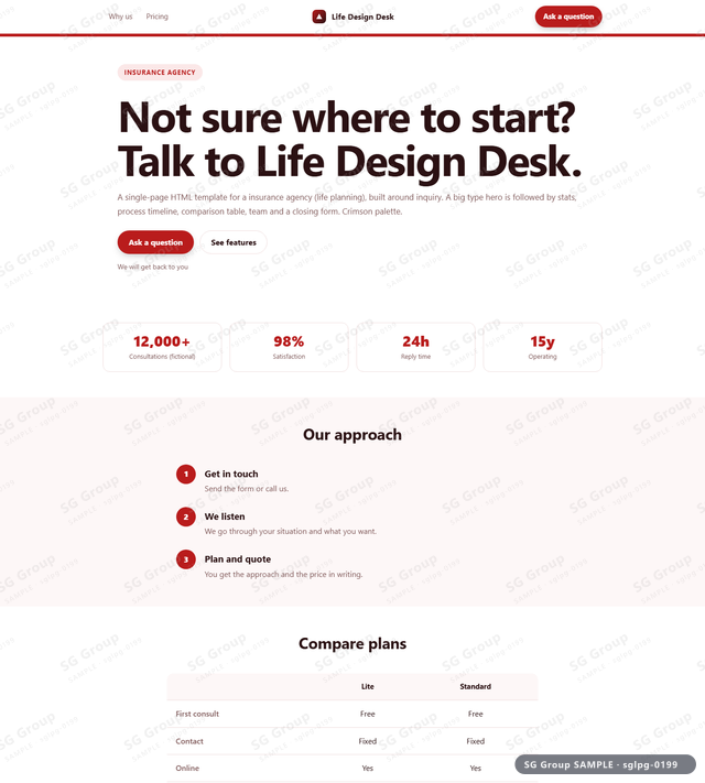 Thumbnail of Insurance Agency — Inquiry | big type, Crimson, an HTML landing-page template for insurance agency aimed at inquiry.
