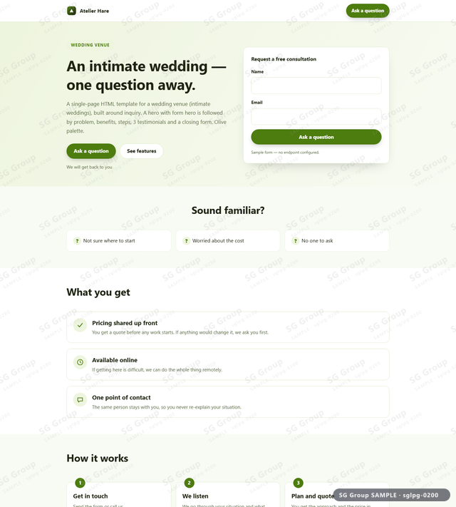 Thumbnail of Wedding Venue — Inquiry | hero with form, Olive, an HTML landing-page template for wedding venue aimed at inquiry.