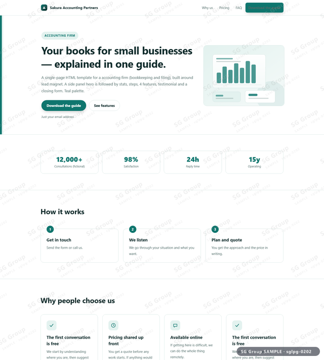 Thumbnail of Accounting Firm — Lead Magnet | side panel, Teal, an HTML landing-page template for accounting firm aimed at lead magnet.