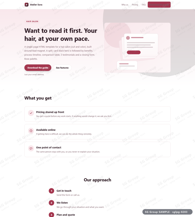 Thumbnail of Hair Salon — Lead Magnet | split, card stack, Rose, an HTML landing-page template for hair salon aimed at lead magnet.
