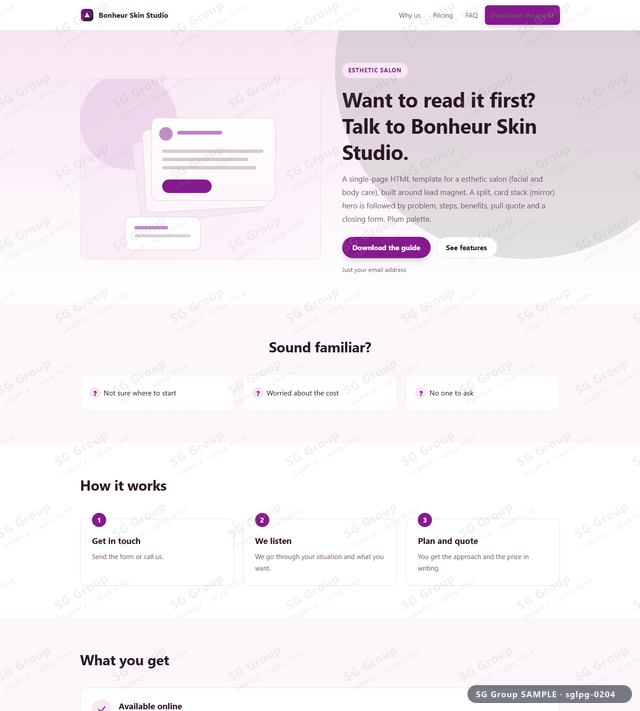 Thumbnail of Esthetic Salon — Lead Magnet | split, card stack (mirror), Plum, an HTML landing-page template for esthetic salon aimed at lead magnet.