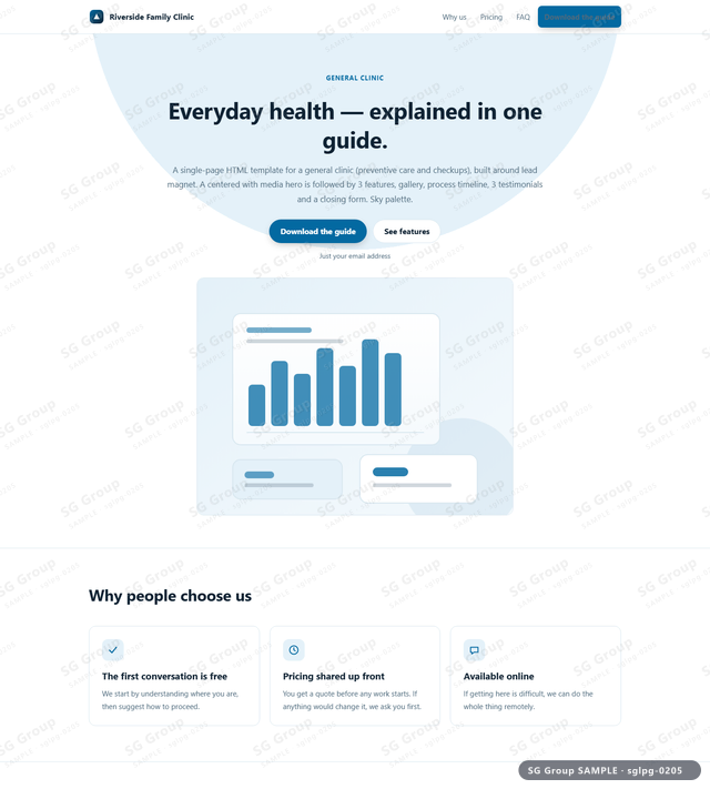 Thumbnail of General Clinic — Lead Magnet | centered with media, Sky, an HTML landing-page template for general clinic aimed at lead magnet.